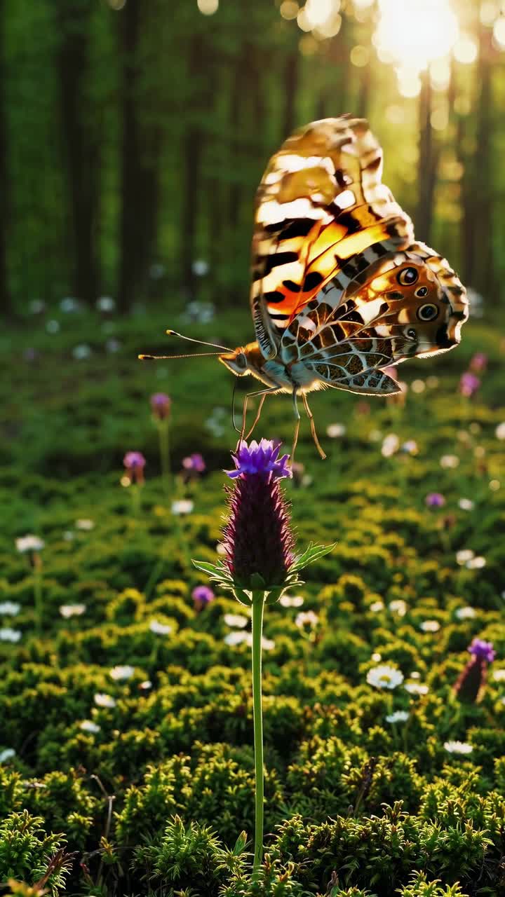 Concept di video ravvicinato di una farfalla su un fiore in una foresta illuminata dal sole