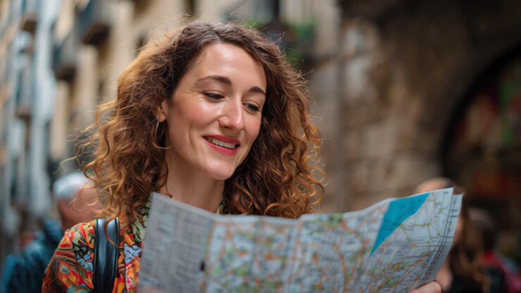 Riprese di una giovane donna viaggiatrice sorridente che legge una mappa cartacea su una trafficata strada storica in un quartiere del centro storico, concetto per turismo, navigazione e viaggi brevi in città.