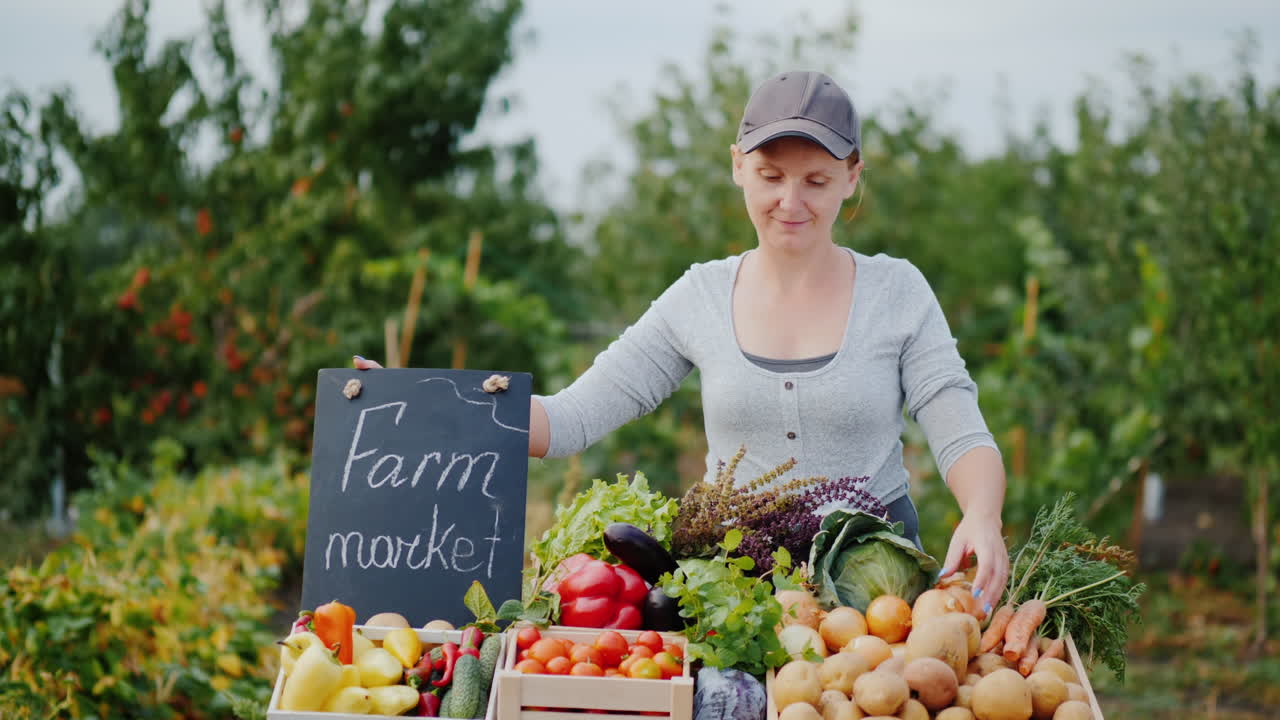 농민 시장에서 야채를 파는 농부 여성의 초상화