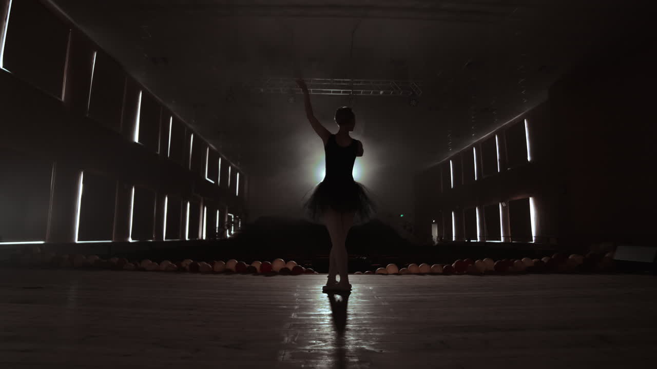 Silhouette of young ballet dancer standing back to camera. Light silhouette of elegant young ballerina standing back to camera in second position arms pose on