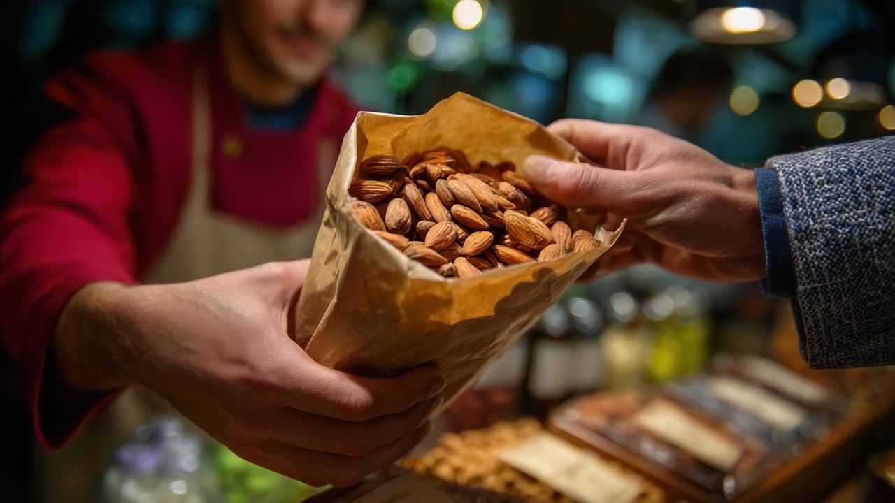 A Friendly Exchange at the Market: A Person Receiving a Bag of Fresh Almonds from a Vendor in a Cozy Wholesale Food Setting, Surrounded by Various Nuts and Healthy Delicacies