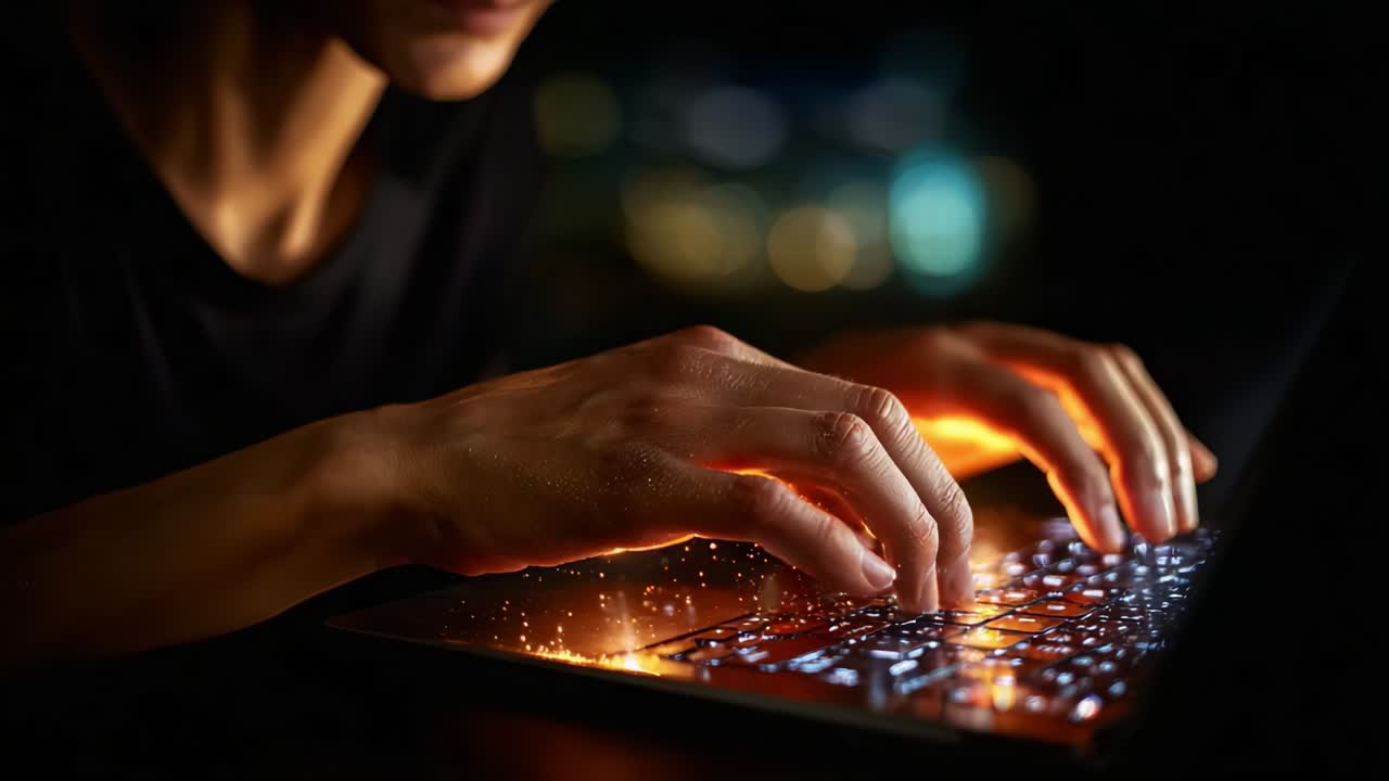 A close-up view of a person's hands typing on a laptop keyboard in a dimly lit environment, showcasing the illuminated keys and a sense of focused activity at night, highlighting the interplay of light and technology