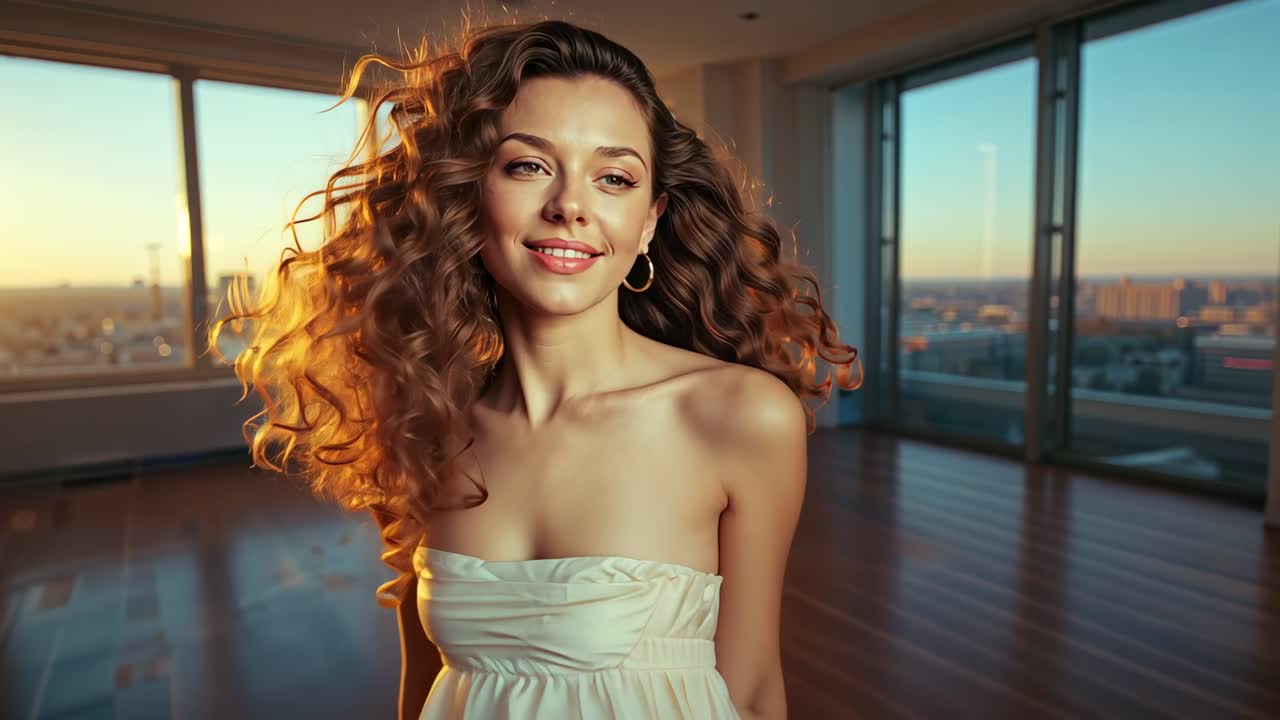 Camera rolling woman twirling in loft by panoramic windows at sunset posing in strapless dress