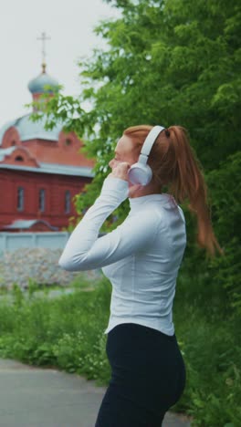 a dynamic journey of fitness: a young woman embracing her running routine with determination and focus, enjoying music through headphones as she transitions from running to post-exercise joy