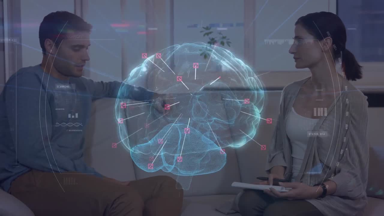 animación del cerebro digital sobre el hombre caucásico consultor psicólogo.