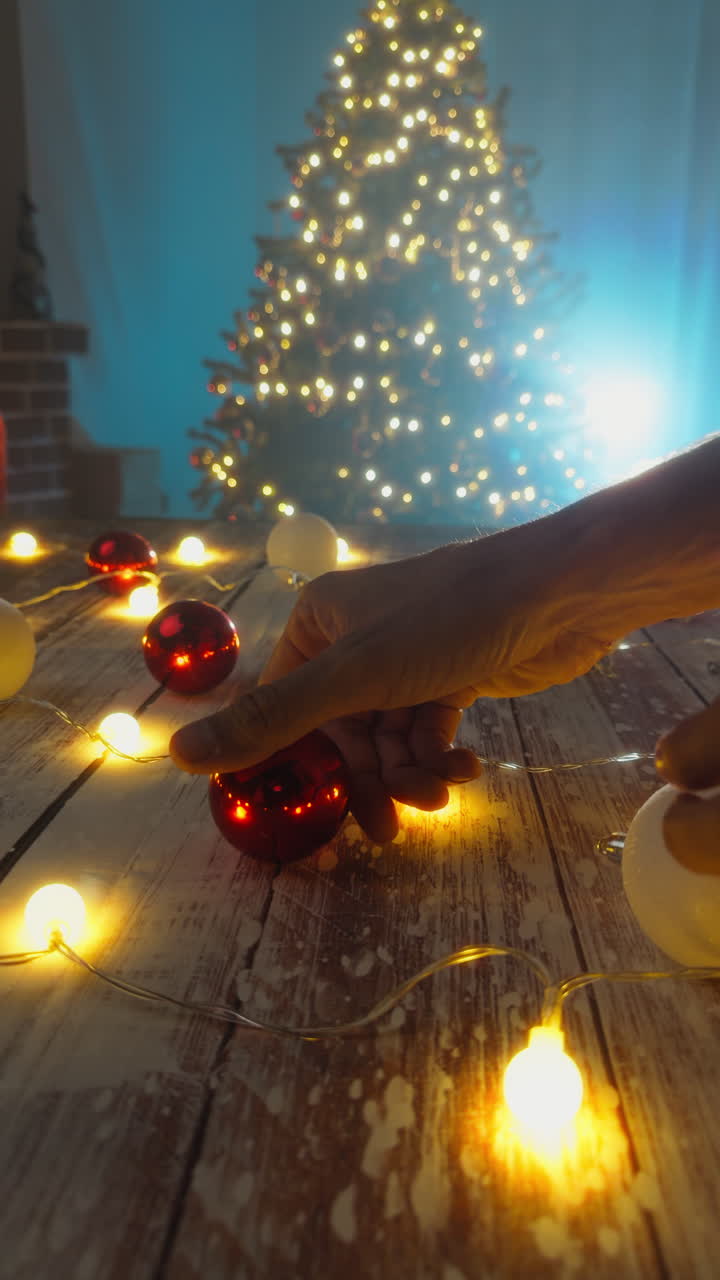 A man hands arrange Christmas balls on the table in the evening