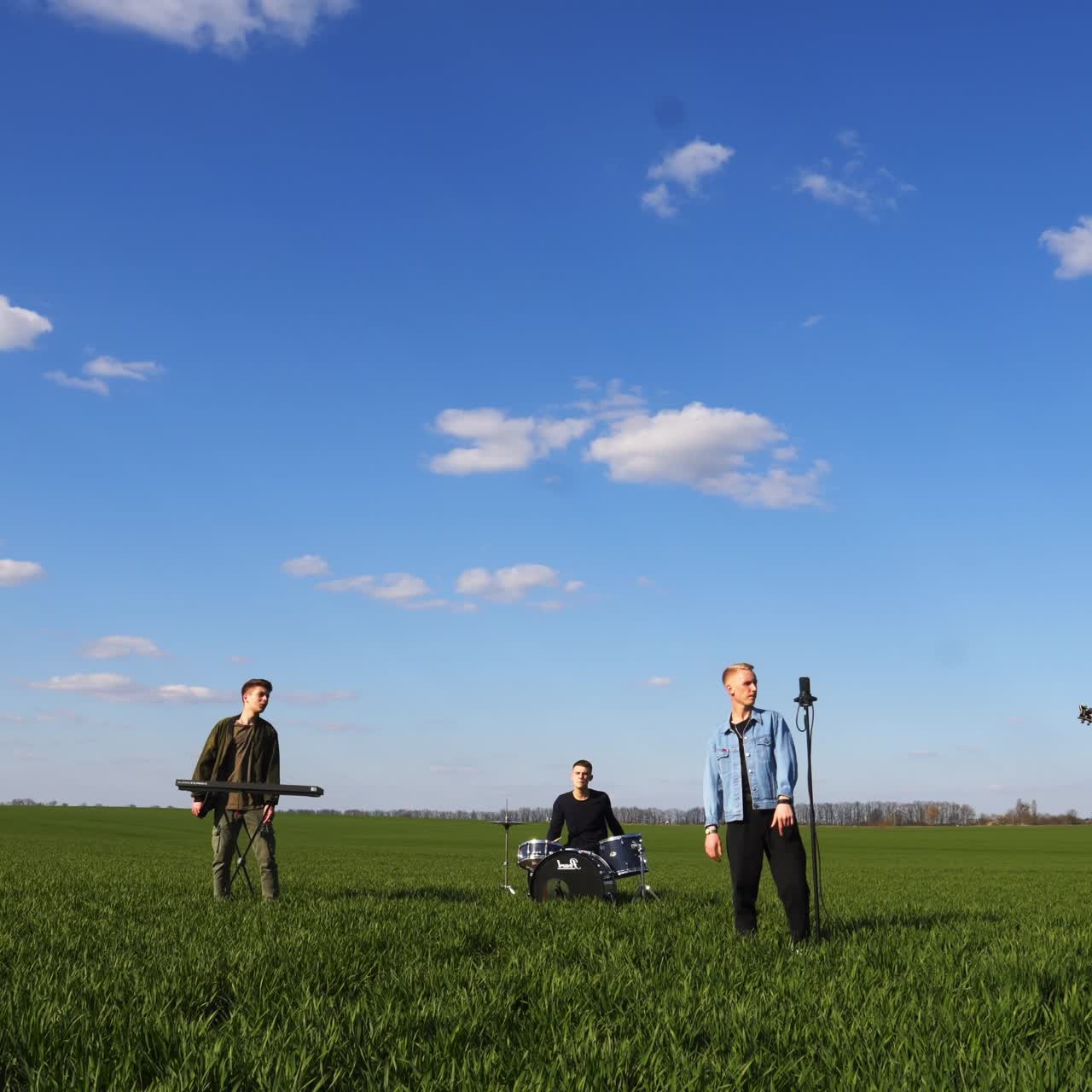Musical band playing on nature landscapes. Young group of artists perfoming at green field