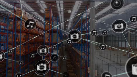 animation of network of connections over empty warehouse