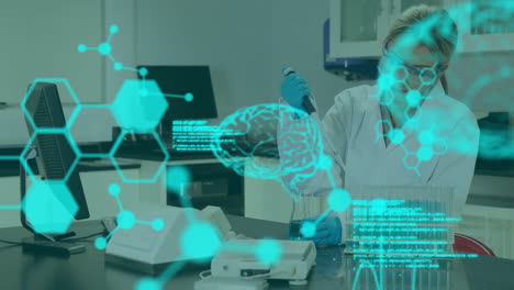 animación de procesamiento de datos con cerebros digitales sobre científica caucásica trabajando en el laboratorio