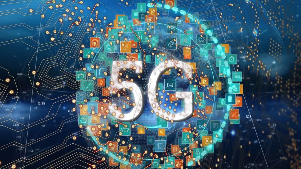 animazione di icone di circuiti integrati e tecnologici in tutto il mondo con icone, 5g e sfondo navale