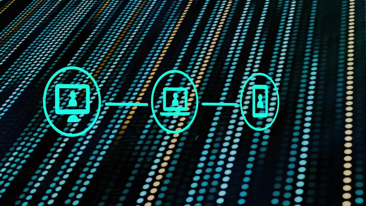 Animation of colourful spots and media icons on black background