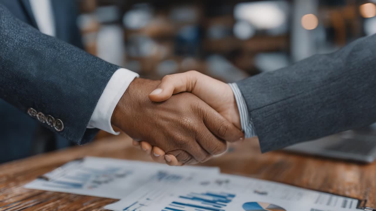 A Moment of Agreement: Two Individuals Solidifying a Business Deal with a Firm Handshake Amidst Financial Charts on a Wooden Table in a Professional Setting
