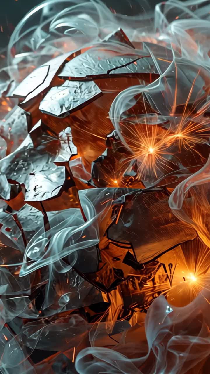 Vertical video: Cracking metal orb in void sending glowing fragments and smoke wisps revealing core