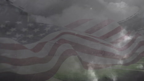 animation of thunders and lightning over flag of united states of american waving