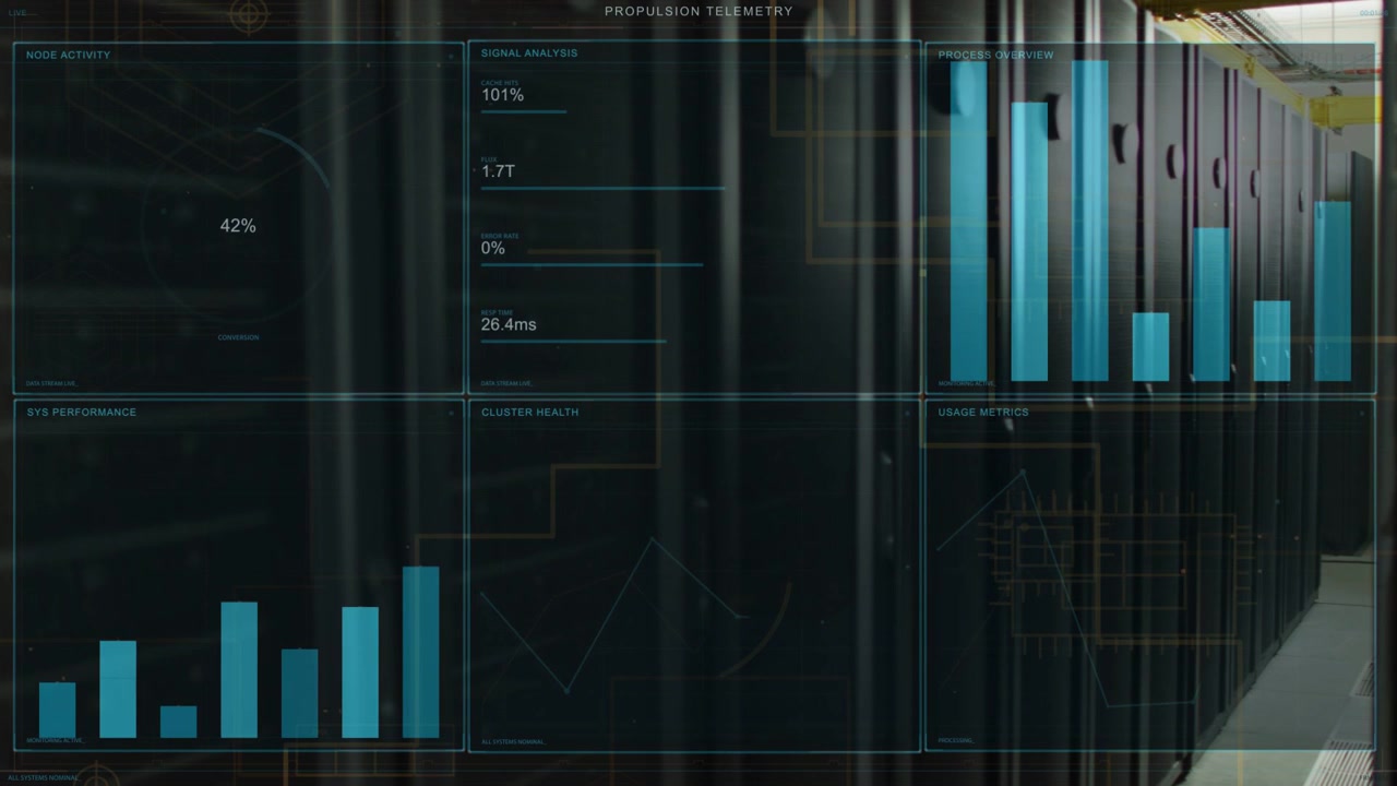 Telemetry overlay appearing over server racks, updating bars and metrics, showing propulsion status