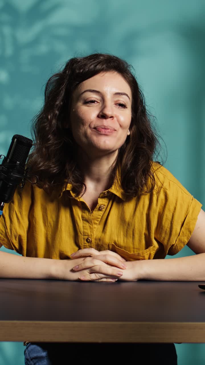 Donna felice che parla e gesticola mentre registra un podcast