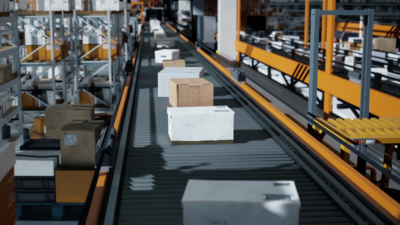 Loop Transmitting Of Packaging Box On The Conveyor Belt, 3D Rendering. Cardboard Boxes In A Large Scale Smart Distribution Warehouse, Production Line