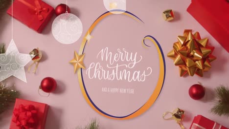 Animation-of-merry-christmas,-and-a-happy-new-year-text-in-circular-pattern-over-baubles-and-gifts