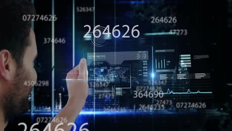 Multiple-numbers-changing-against-man-holding-futuristic-screen