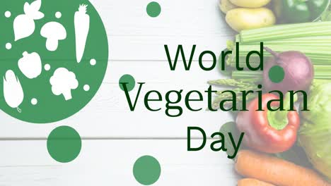 animación del texto del día mundial vegetariano en verde con logotipo, sobre verduras frescas en tableros blancos