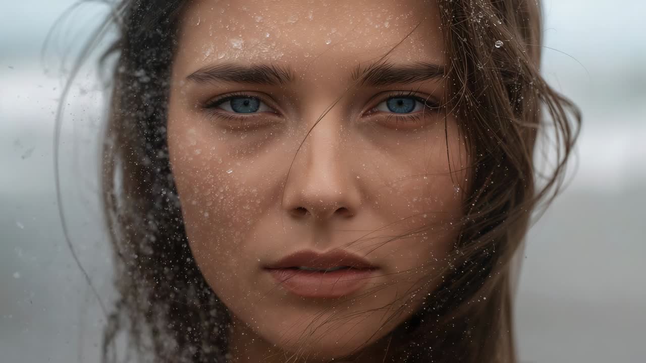 Holding steady gaze, female model blinking as breeze shifting hair and sand at beach shoreline