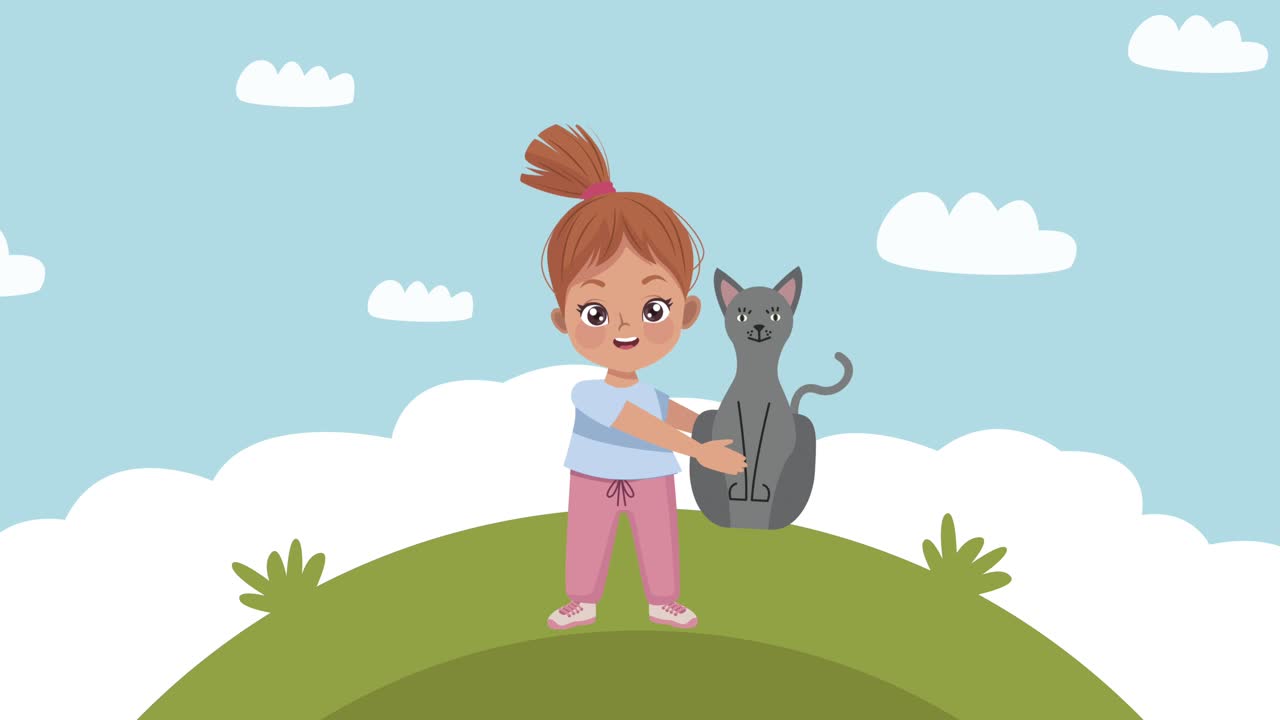 una niña levantando un gato en la escena del campamento animación