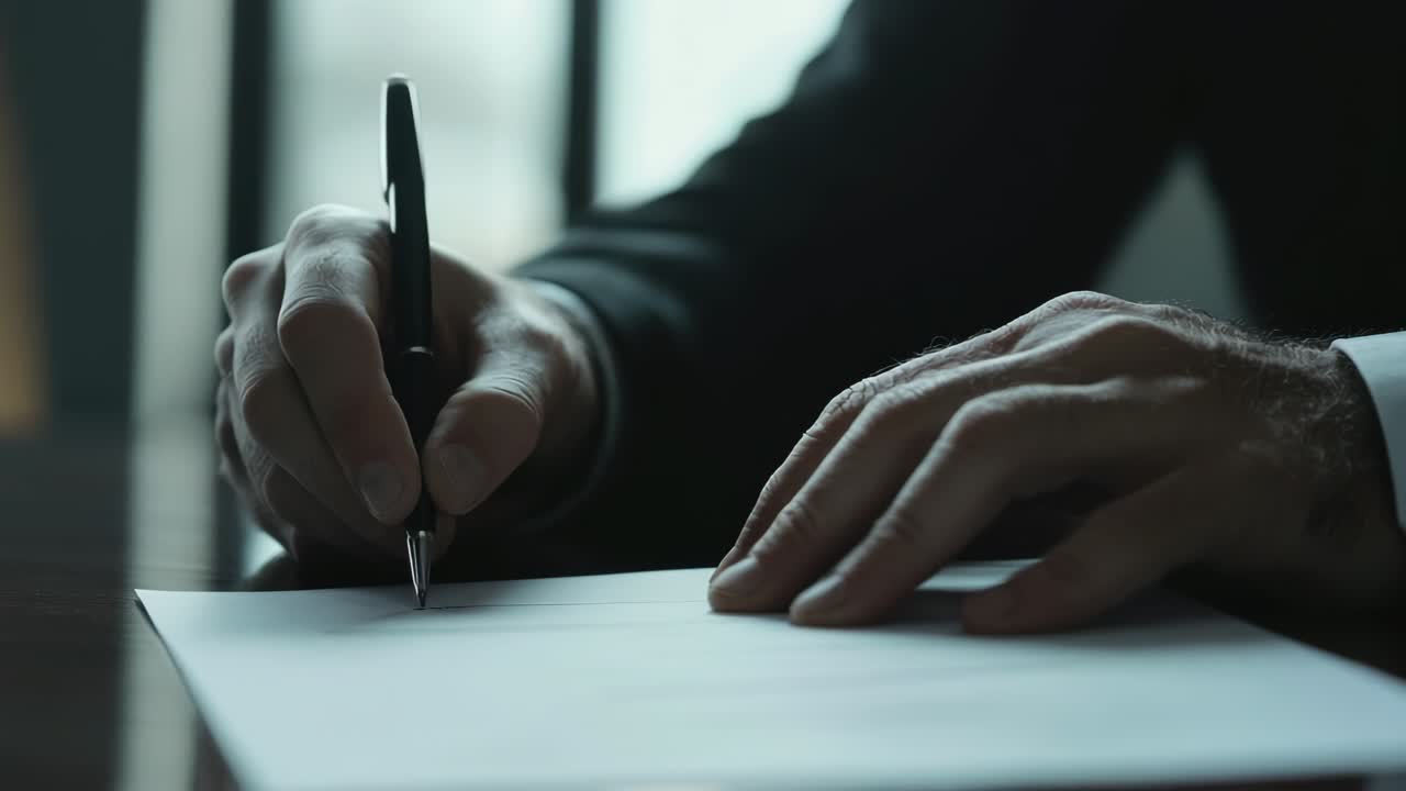 Close-up, low-angle shot of hands writing on paper, conveying focus and professionalism