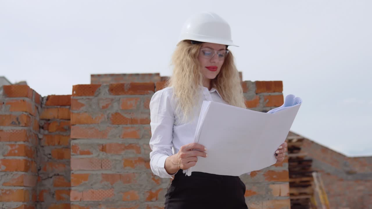 una arquitecta en traje de negocios se encuentra en el último piso al aire libre en un sitio de construcción. el arquitecto inspecciona el objeto de acuerdo con el plan arquitectónico