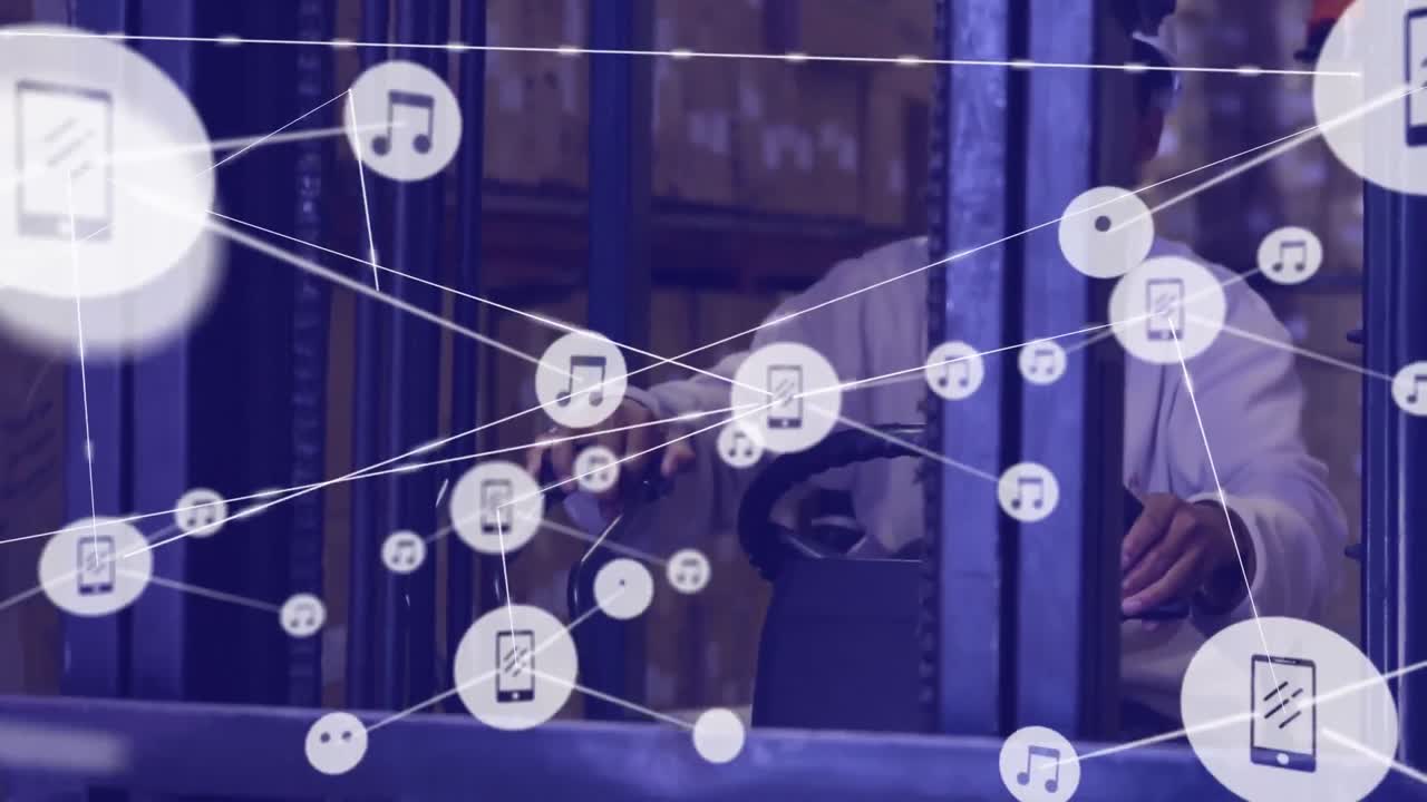 창고에서 일하는 사람 위의 아이콘과 연결 네트워크의 애니메이션