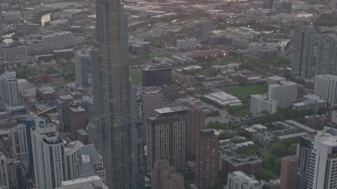 Aerial view of Chicago skyline with sunset in the background