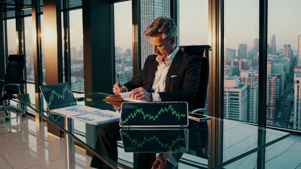 En forretningsmand arbejder ved et glasbord med udsigt over byen. Billedet er taget i lav vinkel og viser finansielle diagrammer.