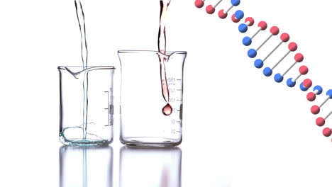 animación de la cadena de adn girando sobre copas de medidas químicas