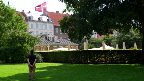 man proudly looking at a danish flag waving in a windy day in park