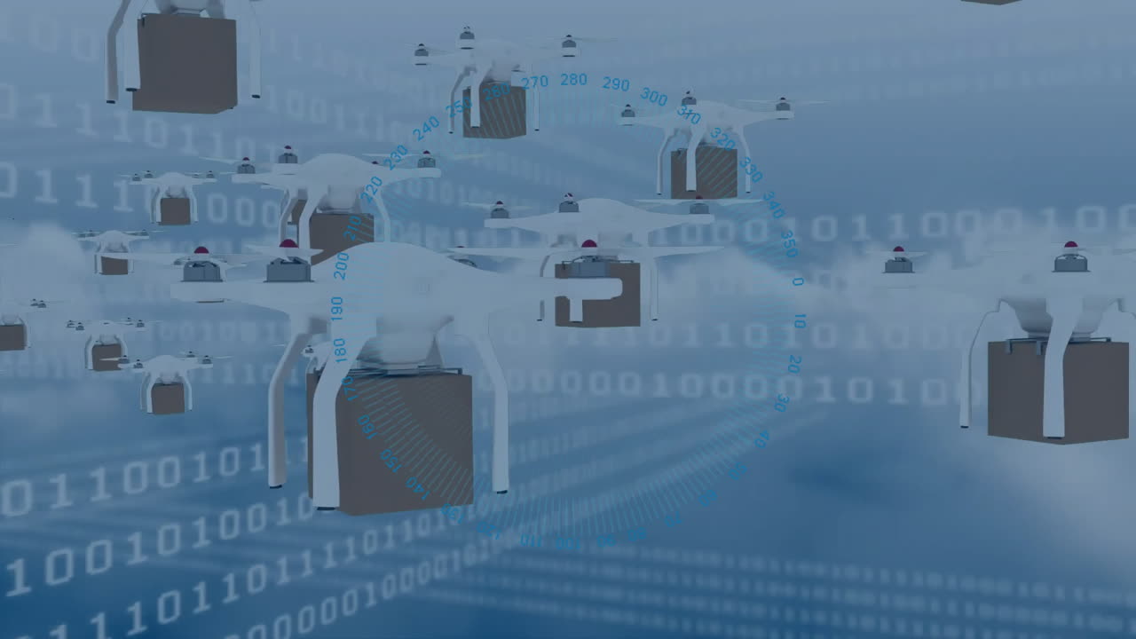 анимация дронов с коробками и двоичным кодированием