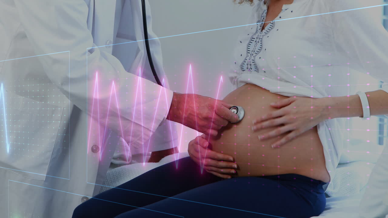 Examining pregnant woman's belly with stethoscope, doctor listening to heartbeat