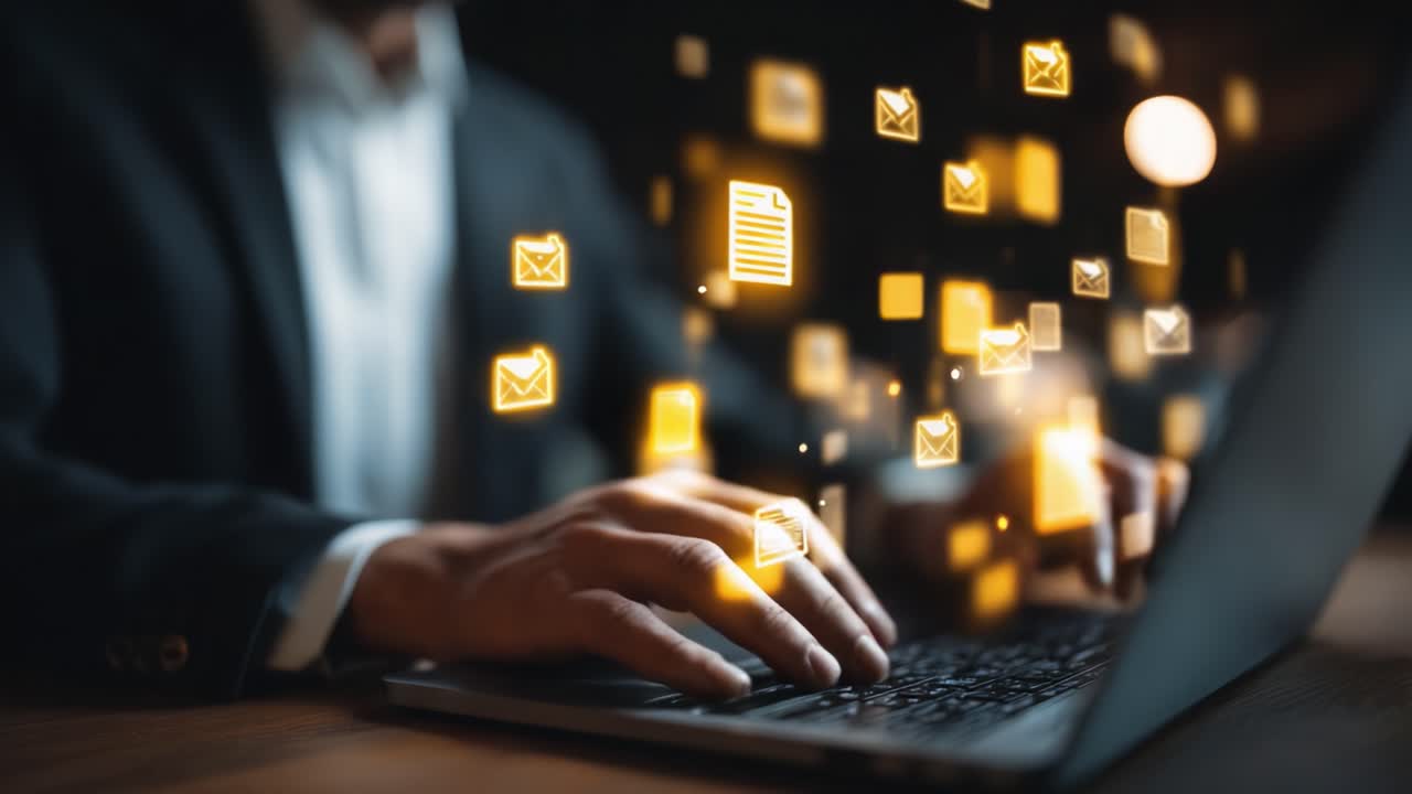 A Business Professional Engaging with Digital Communication: Managing Emails and Documents through a Laptop with Vibrant Animated Icons of Messages and Files