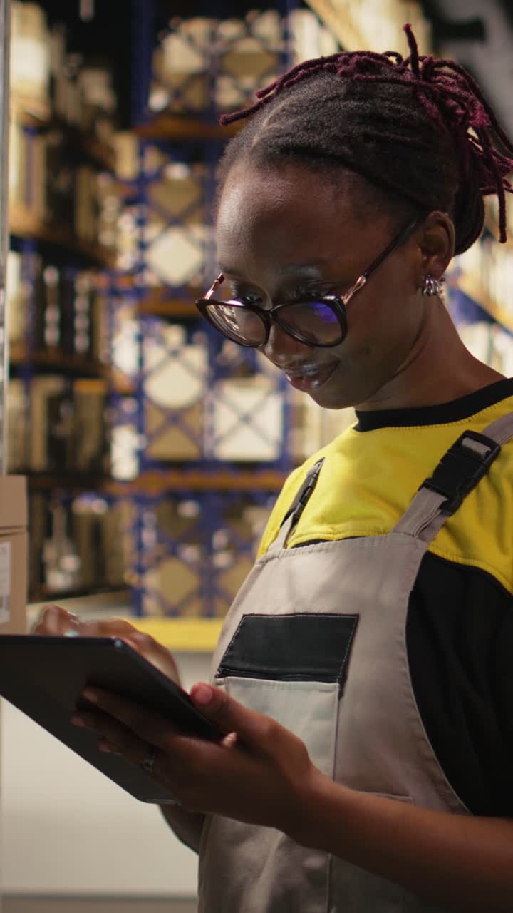 Vertical Video African american female applying shipping labels stickers on packages