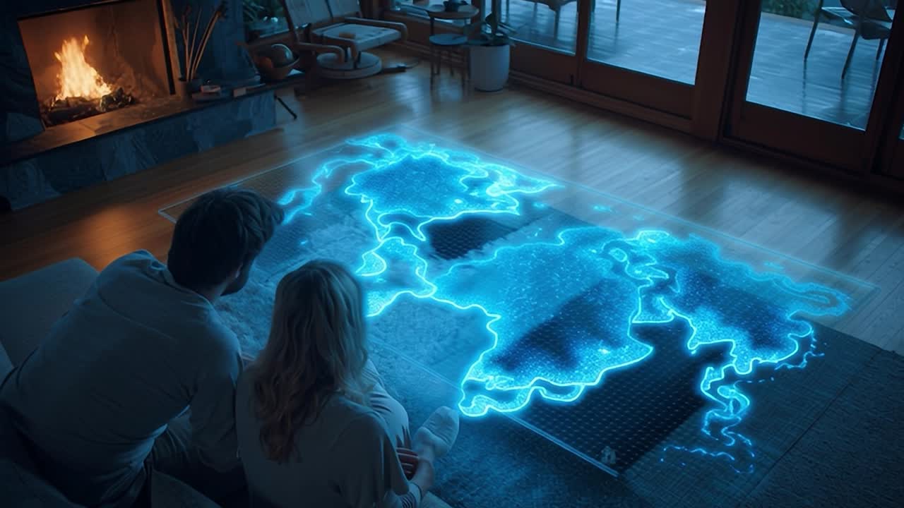 Couple enjoys interactive digital world map on living room floor