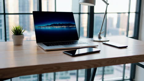 modern workspace with laptop and smartphones on a wooden desk