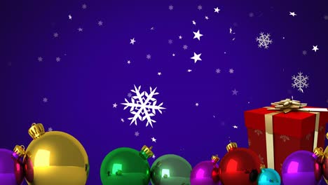 animación de copos de nieve cayendo sobre regalos de navidad y bolas en fondo azul