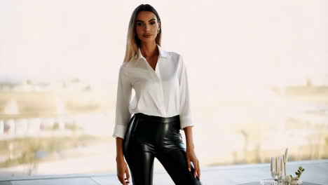 stylish woman in white shirt and black leather pants