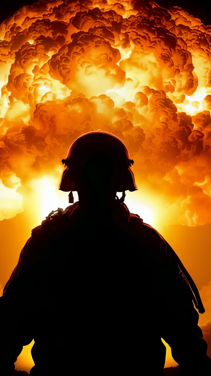 Vertical video: Soldier watching mushroom cloud rising after detonation at range, in tactical gear