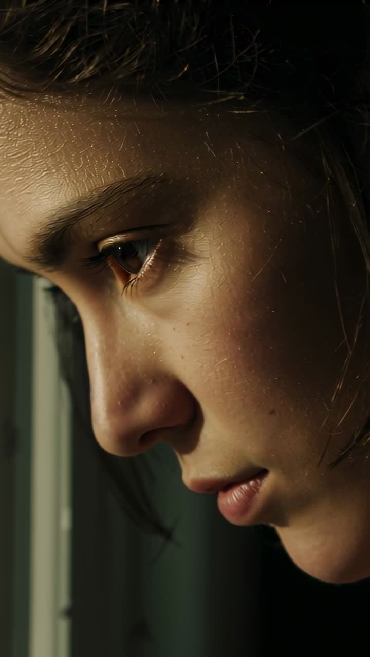 Vídeo vertical: Abrindo os olhos para a luz quente da janela, uma menina observando ao lado de um quarto com pouca luz, uma lágrima capturando o brilho.