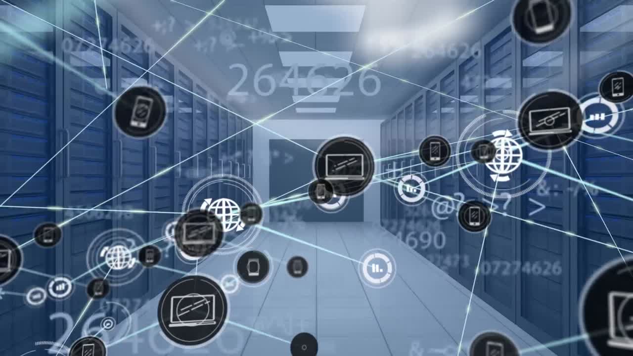Animazione di rete di connessioni con icone su sala server e elaborazione dati.