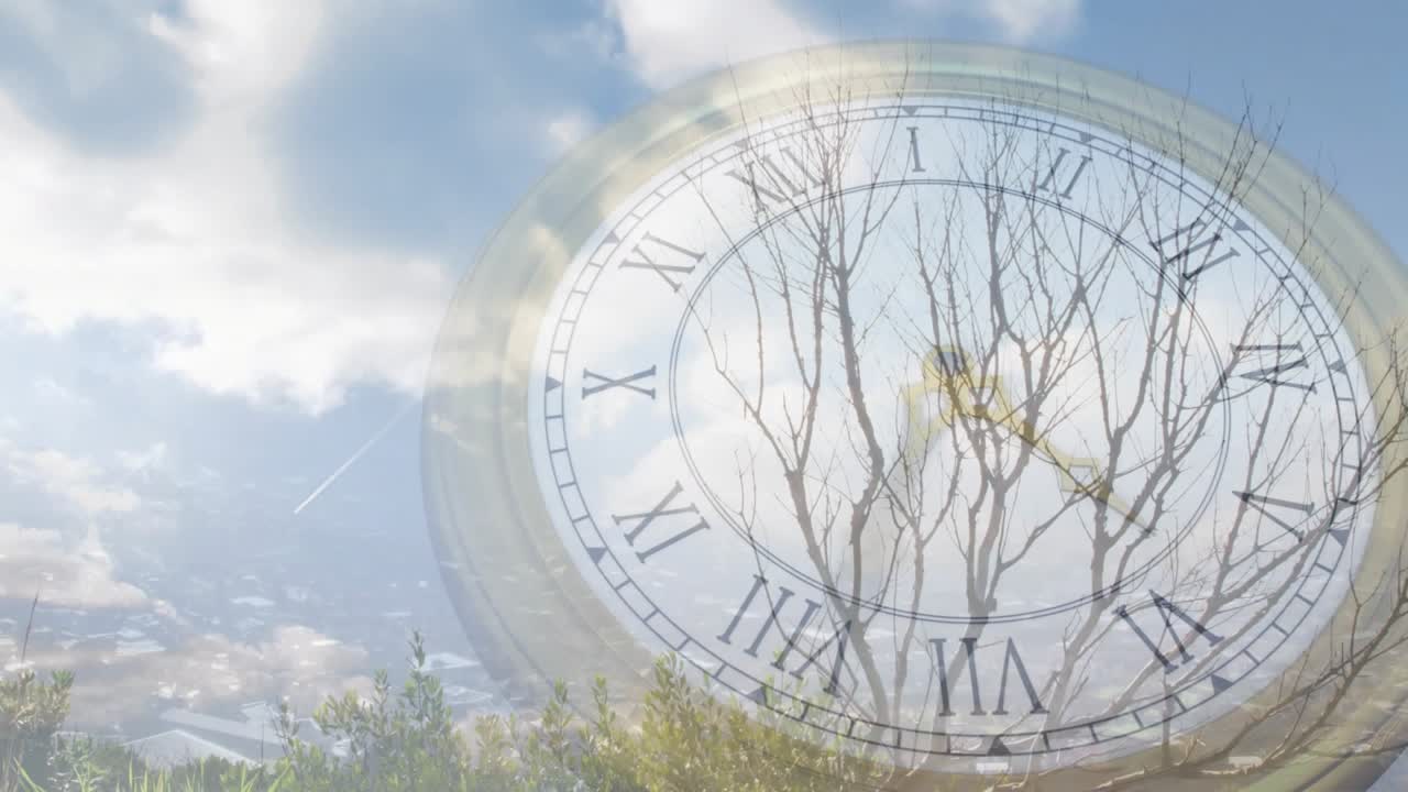 Translucent clock face fading in over meadow with drifting clouds and turning hands showing time