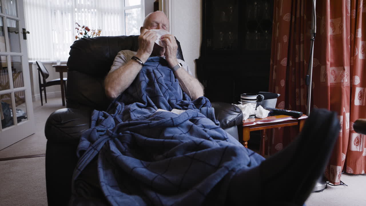 Man with a cold in his living room
