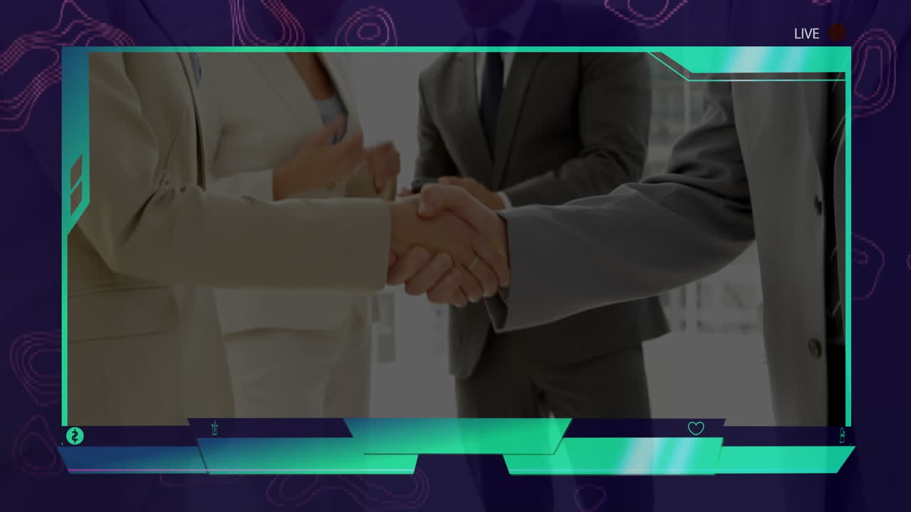 animación de la pantalla con interfaz digital sobre el apretón de manos del hombre de negocios