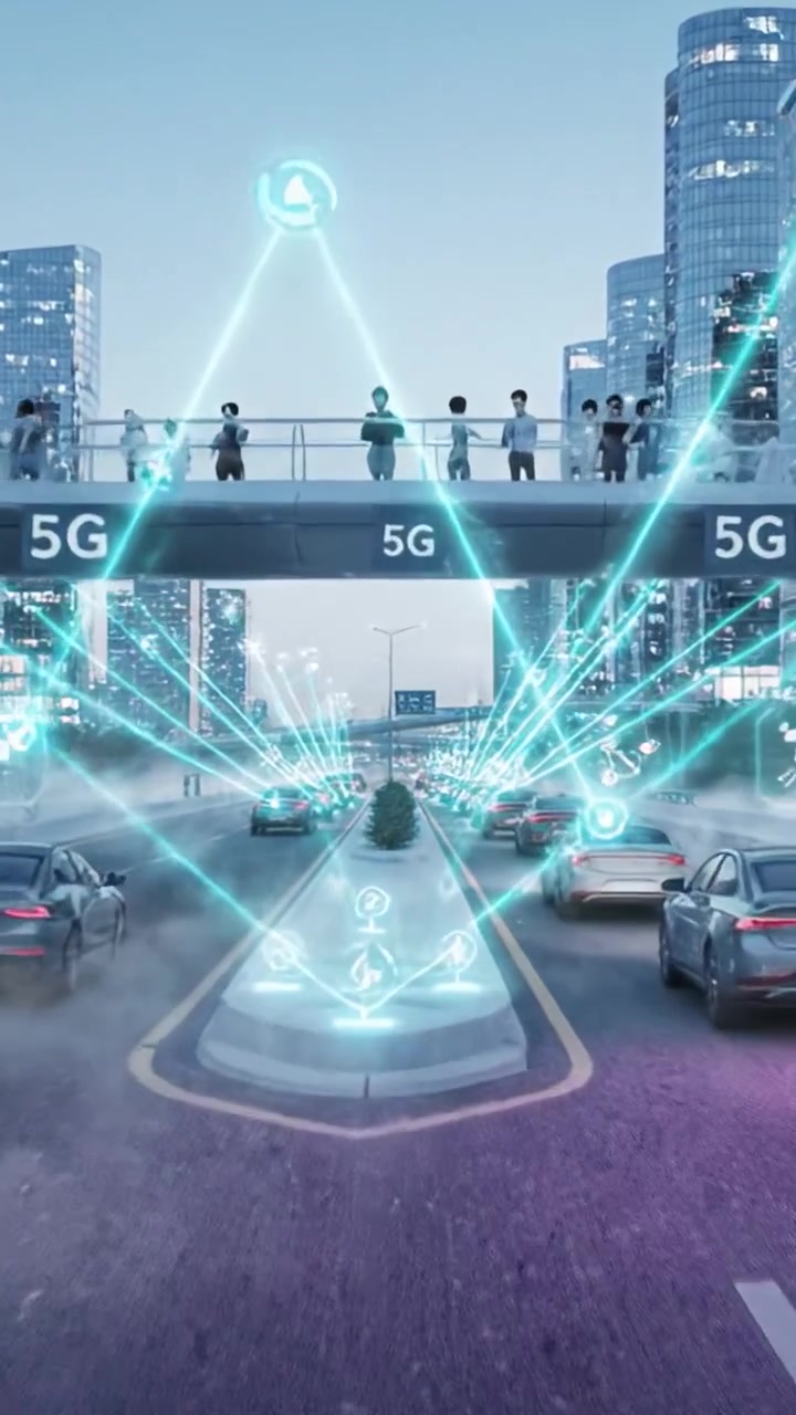 Paesaggio urbano futuristico con tecnologia 5G avanzata e traffico intenso in una città moderna con grattacieli e infrastrutture intelligenti