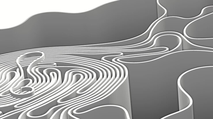 Abstract 3D render colorful spline strips rows light and shadow curves flowing motion movement surface texture waves background