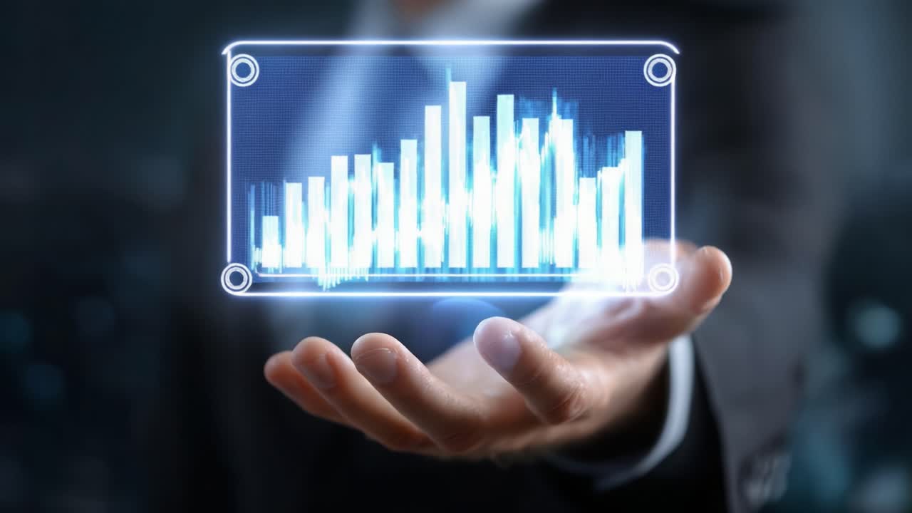 A Professional Analyzing Data Trends: A Businessman Displays a Glowing Graph Representation of Market Statistics in His Hand to Illustrate Financial Insights and Growth Potential